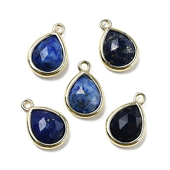 Natural Dyed Lapis Lazuli Faceted Pendants, Rack Plating Golden Plated Brass Teardrop Charms, 14x9.5x4mm, Hole: 1.4mm