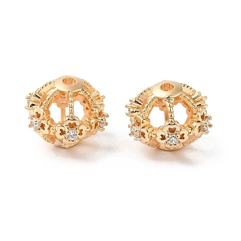 Hollow Brass Beads, with Cubic Zirconia, Flat Round with Flower, Real 18K Gold Plated, 14~14.5x11.5mm, Hole: 2mm