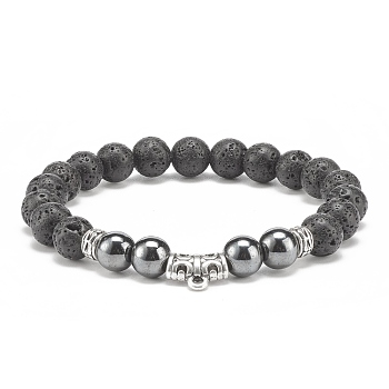 Natural Lava Rock & Synthetic Hematite Stretch Bracelet with Alloy Tube Beaded, Essential Oil Gemstone Jewelry for Women, Inner Diameter: 2 inch(5.1cm)