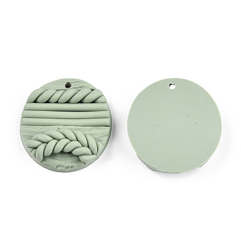 Handmade Polymer Clay Pendants, Flat Round with Leaf, Dark Sea Green, 30x7.5~8mm, Hole: 1.8mm