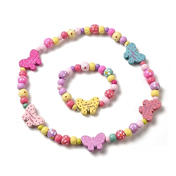 Maple Wood & Acrylic Jewelry Set, Beaded Necklace & Stretch Bracelet for Kids, Butterfly, Bracelet: Inner Diameter: 1-3/4 inch(4.3cm), Necklace: 16-7/8 inch(43cm) 