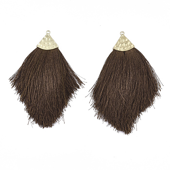 Polyester Tassel Big Pendant Decorations, with Alloy Findings, Golden, Coconut Brown, 100~108x51~62x7mm, Hole: 2mm