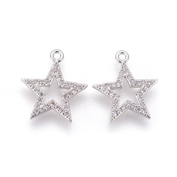 Brass Micro Pave Cubic Zirconia Pendants, Long-Lasting Plated, Star, Clear, Platinum, 17x15x2mm, Hole: 1.4mm