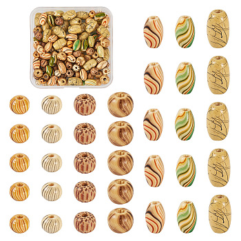 140Pcs 7 Styles Printed Wood Beads, Oval & Rondelle & Round, Mixed Color, 6~11x4.5~7mm, Hole: 1.6~2.5mm, 20pcs/style
