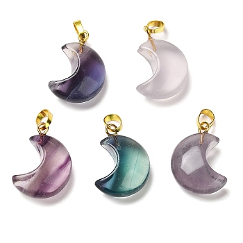 Natural Fluorite Pendants, with Brass Finding, Moon, Golden, 20x15x8mm, Hole: 3.5x6mm