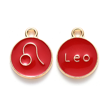 Alloy Enamel Pendants, Cadmium Free & Lead Free, Flat Round with Constellation, Light Gold, Red, Leo, 15x12x2mm, Hole: 1.5mm