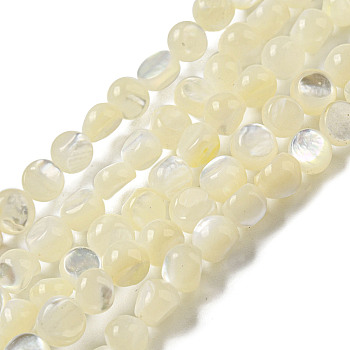 Natural White Shelll Beads Strands, Flat Round, Pale Goldenrod, 5.5~6x4.5~5mm, Hole: 0.6mm, about 73~74pcs/strand, 15.75''(40cm)