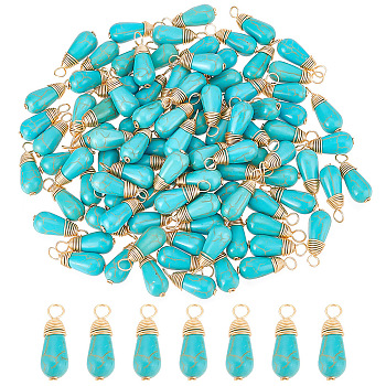 100Pcs Synthetic Turquoise Pendants, Teardrop Charms with Real 18K Gold Plated Eco-Friendly Copper Wire Wrapped, Long-Lasting Plated, 19x7mm, Hole: 1.2mm
