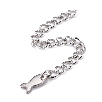304 Stainless Steel Chain Extender, Curb Chain, with 202 Stainless Steel Charms, Fish, Stainless Steel Color, 60~65mm, Link: 3.7x3x0.5mm; Fish: 8x3.8x1mm