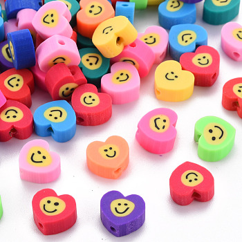Handmade Polymer Clay Beads, for DIY Jewelry Crafts Supplies, Heart with Smile Face, Mixed Color, 8~9x9~10x4~5mm, Hole: 1.6mm