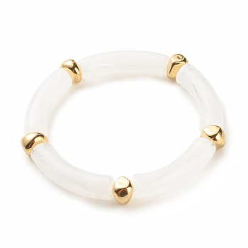 White Acrylic Curved Tube Chunky Stretch Bracelet with CCB Plastic for Women, Golden, Inner Diameter: 2 inch(5.1cm)