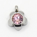 201 Stainless Steel Rhinestone Flower Charm Pendants, Grade A, Faceted, Light Rose, 9x7x4mm, Hole: 1mm(RB-M030-03F)