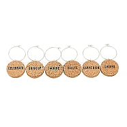 Cork Wine Glass Charms, with Iron Hoop Earrings, Flat Round with Word, Tan, 50mm, 6pcs/set(FIND-WH0075-62)