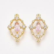 Brass Cubic Zirconia Links, Real 18K Gold Plated, Nickel Free, Oval, Pink, 18.5x11.5x2.5mm, Hole: 1mm(KK-T038-549C-NF)