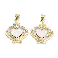Brass Micro Pave Clear Cubic Zirconia Pendants, with Synthetic Opal and ABS Plastic Pearl, Real 18K Gold Plated, Heart Charms, Crown, 23.5x21x4mm, Hole: 3.5x2.5mm(KK-L213-017G-01)