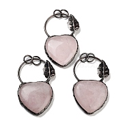 Natural Rose Quartz Heart Big Pendants, Brass Ring Charms with Leaf & Jump Rings, Red Copper, 53~56x32~34x7~7.5mm, Hole: 6.6mm(G-A221-05B)