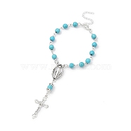Alloy Cross Charm Bracelets, Synthetic Turquoise Rosary Beaded Style Bracelet, 7-1/8~7-1/4 inch(18.1~18.4cm)(BJEW-TA00423-01)