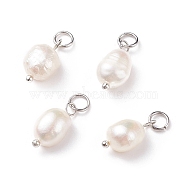 Grade B Natural Cultured Freshwater Pearl Charms, with 304 Stainless Steel Jump Rings, Polished Rice, Platinum, 13.5~15x7~7.5x5~6mm, Hole: 3.6mm(X-PALLOY-JF01497-02)