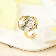 Brass Enamel Cuff Rings, with Natural Freshwater Pearl, Real 18K Gold Plated, Oval with Flower, White, Inner Diameter: 16mm(RJEW-K291-03G-02)