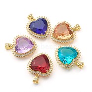 Transparent Faceted Glass Pendants, with Brass Micro Pave Clear Cubic Zirconia Findings, Heart, Golden, Mixed Color, 36.5x36x12mm, Hole: 9x4.5mm(ZIRC-I050-02G)