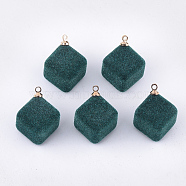 Flocky Acrylic Pendants, with Brass Findings, Cube, Golden, Dark Cyan, 24x17.5x17mm, Hole: 1.6mm(FIND-T046-30-13)