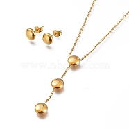 Flat Round 304 Stainless Steel Jewelry Sets, Cable Chains Pendant Necklaces and Stud Earrings, with Ear Nuts and  Lobster Claw Clasps, Golden, 19.88 inch(50.5cm), 8mm, Pin: 0.7mm(SJEW-M097-29G)