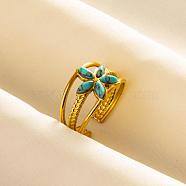 Titanium Steel Flower Cuff Rings, Love Design Synthetic Turquoise Open Ring for Women(WH9227-7)