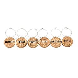 Cork Wine Glass Charms, with Iron Hoop Earrings, Flat Round with Word, Tan, 50mm, 6pcs/set(FIND-WH0075-62)