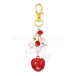 Brass Heart Bell Pendant Decorations, with Acrylic Bead and Alloy Swivel Lobster Claw Clasps, Golden, 91mm(HJEW-JM01374-01)