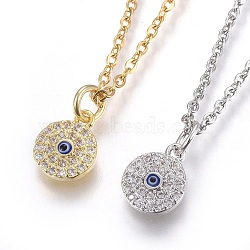 304 Stainless Steel Pendant Necklaces, with Cubic Zirconia, Flat Round with Eye, Clear, Mixed Color, 17.6 inch(45cm), Pendant: 10x8x1.5mm(NJEW-O108-15)