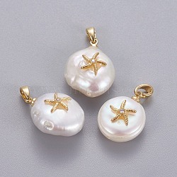 Natural Cultured Freshwater Pearl Pendants, with Brass Micro Pave Cubic Zirconia Findings, Nuggets with Starfish/Sea Stars, Long-Lasting Plated, Golden, Clear, 17~27x12~16x6~12mm, Hole: 4x2.5mm(KK-L187-10G)