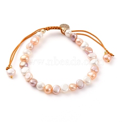 Adjustable Nylon Thread Braided Bead Bracelets, with Natural Cultured Freshwater Pearl Beads and Flat Round Brass Charms, Real 18K Gold Plated, Seashell Color, Inner Diameter: 2-1/8~3-1/2 inch(5.5~9cm)(BJEW-JB05802-02)