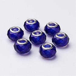 Handmade Glass European Beads, Large Hole Beads, Silver Color Brass Core, Midnight Blue, 14x8mm, Hole: 5mm(GPDL25Y-25)