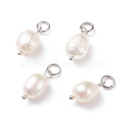 Grade B Natural Cultured Freshwater Pearl Charms, with 304 Stainless Steel Jump Rings, Polished Rice, Platinum, 13.5~15x7~7.5x5~6mm, Hole: 3.6mm(X-PALLOY-JF01497-02)