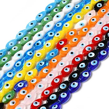 Handmade Evil Eye Lampwork Beads Strands, Horse Eye, Mixed Color, 15~16x8~8.5x3~4mm, Hole: 1.5mm, about 28pcs/strand, 16.85 inch(42.8cm)