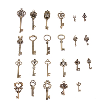 Zinc Alloy Pendant, for DIY Jewelry, Key, Antique Bronze, 21.5~69x9.5~22x1~5.3mm, Hole: 1~14mm, 2pcs/style, 23 Style, 46pcs/set