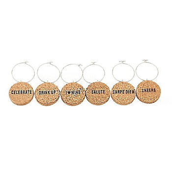 Cork Wine Glass Charms, with Iron Hoop Earrings, Flat Round with Word, Tan, 50mm, 6pcs/set