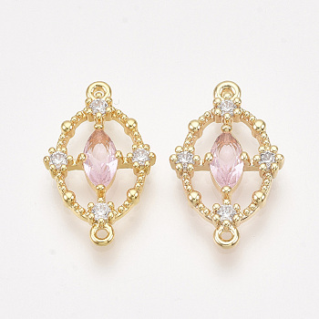 Brass Cubic Zirconia Links, Real 18K Gold Plated, Nickel Free, Oval, Pink, 18.5x11.5x2.5mm, Hole: 1mm