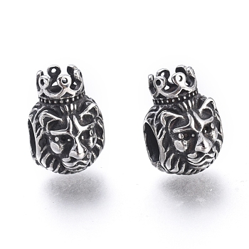 304 Stainless Steel European Beads, Large Hole Beads, Lion Head, Antique Silver, 14x9.5x12mm, Hole: 5mm