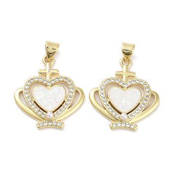 Brass Micro Pave Clear Cubic Zirconia Pendants, with Synthetic Opal and ABS Plastic Pearl, Real 18K Gold Plated, Heart Charms, Crown, 23.5x21x4mm, Hole: 3.5x2.5mm