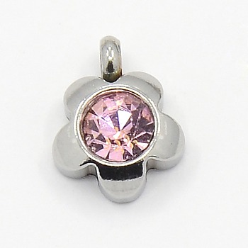 201 Stainless Steel Rhinestone Flower Charm Pendants, Grade A, Faceted, Light Rose, 9x7x4mm, Hole: 1mm