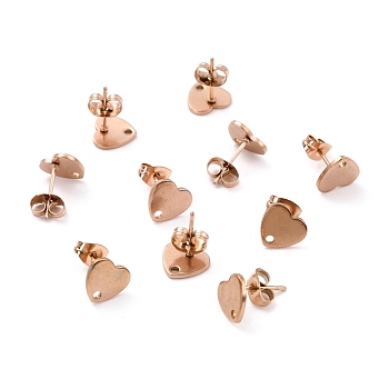 Ion Plating(IP) 304 Stainless Steel Stud Earring Findings, with Ear Nuts, Heart, Rose Gold, 12x9mm, Hole: 1.4mm, Pin: 0.7mm