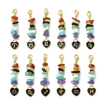 12Pcs 12 Styles Alloy Enamel Heart Constellation Pendant Decoration, 7 Chakra Chip Ornament with 304 Stainless Steel Lobster Claw Clasps, Golden, 55mm, 1pc/style