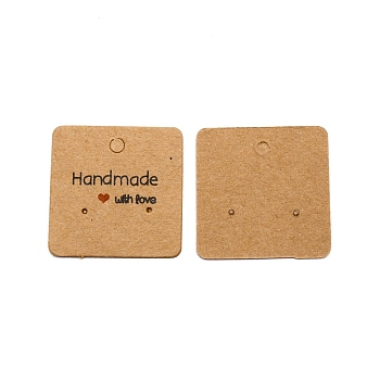 Paper Earring Display Cards, Square with Word Handmade with Love, Dark Goldenrod, 3x3x0.04cm, Hole: 1.2mm, about 100pcs/bag