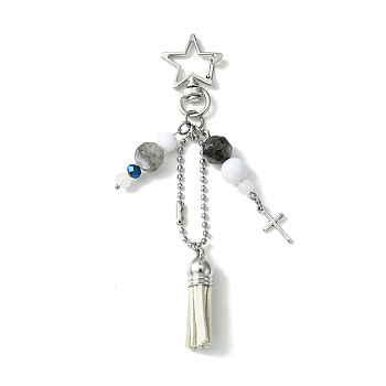 Glass & Acrylic Pendant Decorations, with Star Zinc Alloy Swivel Lobster Clasps and Faux Suede Tassel, Platinum, 125mm