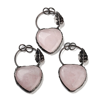 Natural Rose Quartz Heart Big Pendants, Brass Ring Charms with Leaf & Jump Rings, Red Copper, 53~56x32~34x7~7.5mm, Hole: 6.6mm