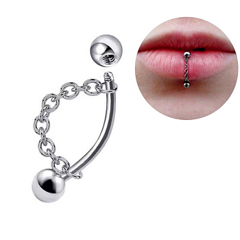 304 Stainless Steel Curved Barbell Lip Rings with Chains, Round, 8mm, Pin: 1.2mm