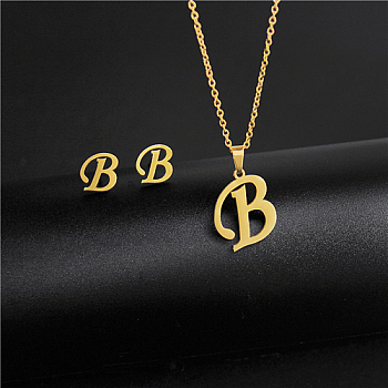 Golden Stainless Steel Initial Letter Jewelry Set, Stud Earrings & Pendant Necklaces, Letter B, No Size