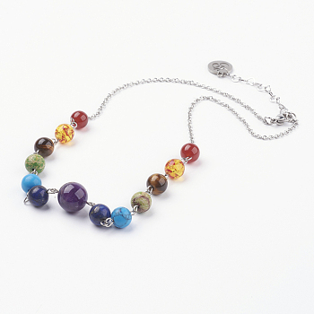 Chakra Jewelry, 304 Stainless Steel Necklaces, with Gemstone and Lobster Claw Clasps, 16.9 inch(43cm)