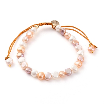 Adjustable Nylon Thread Braided Bead Bracelets, with Natural Cultured Freshwater Pearl Beads and Flat Round Brass Charms, Real 18K Gold Plated, Seashell Color, Inner Diameter: 2-1/8~3-1/2 inch(5.5~9cm)
